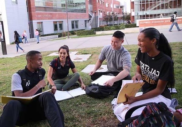 A group of four students studying on a lawn